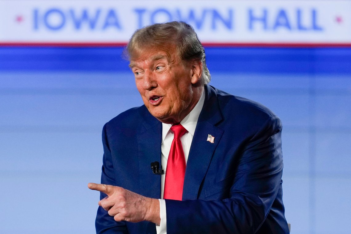 Republican presidential candidate former President Donald Trump speaks during a Fox News Channel town hall in Des Moines, Iowa, Wednesday, Jan. 10, 2024. (AP Photo/Carolyn Kaster) Republican presidential candidate former President Donald Trump speaks during a Fox News Channel town hall in Des Moines, Iowa, Wednesday, Jan. 10, 2024. (AP Photo/Carolyn Kaster)