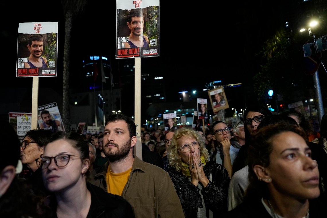Friends and relatives of the Israeli hostages held in the Gaza Strip by the Hamas militant group attend a rally calling for their release in Tel Aviv, Israel. (AP Photo/Ohad Zwigenberg) Friends and relatives of the Israeli hostages held in the Gaza Strip by the Hamas militant group attend a rally calling for their release in Tel Aviv, Israel. (AP Photo/Ohad Zwigenberg)