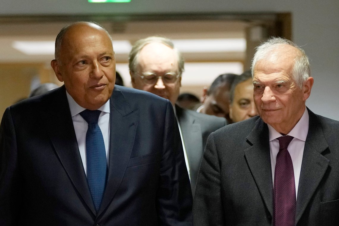 European Union foreign policy chief Josep Borrell, right, and Egypt's Foreign Minister Sameh Shoukry arrive for a meeting of the EU-Egypt Association Council at the European Council building in Brussels, Tuesday, Jan. 23, 2024. (AP Photo/Virginia Mayo) European Union foreign policy chief Josep Borrell, right, and Egypt's Foreign Minister Sameh Shoukry arrive for a meeting of the EU-Egypt Association Council at the European Council building in Brussels, Tuesday, Jan. 23, 2024. (AP Photo/Virginia Mayo)