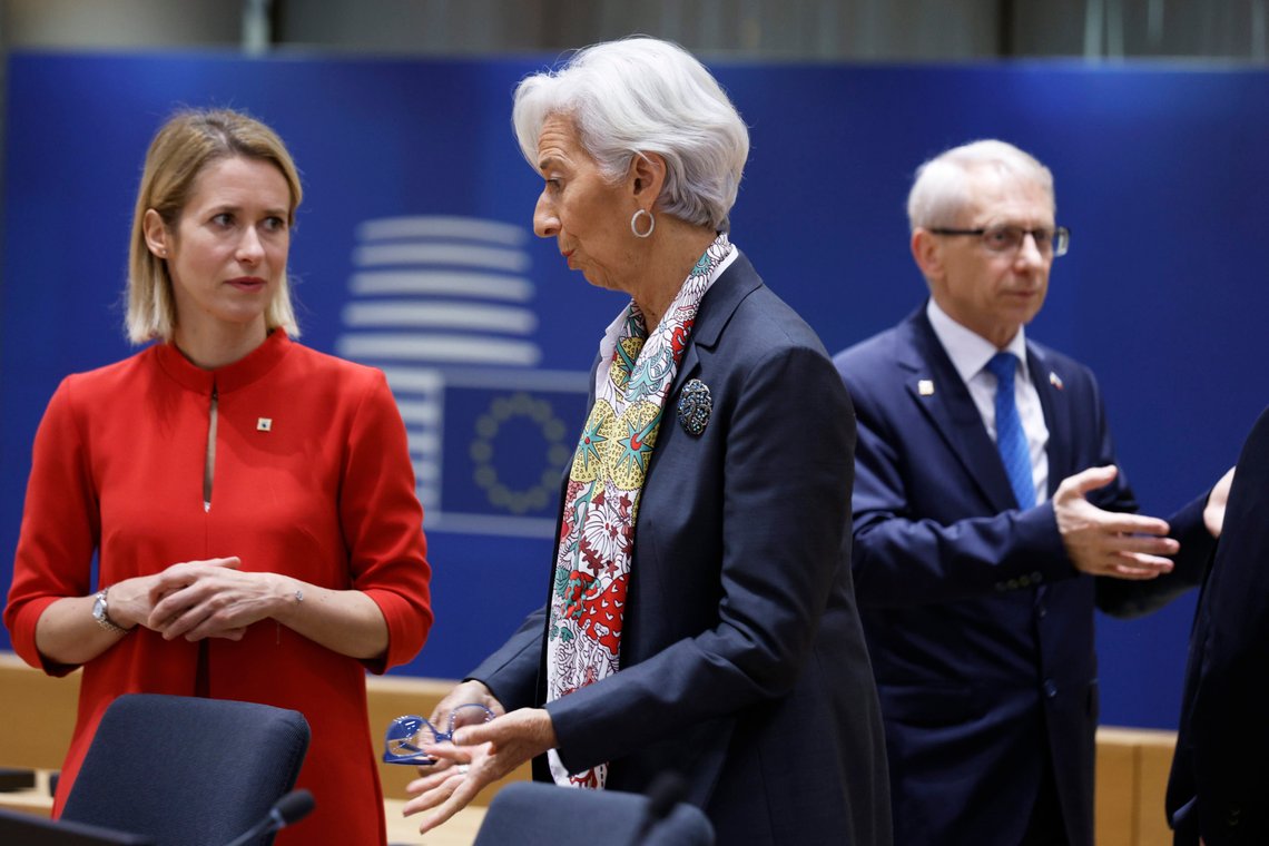 Estonia's Prime Minister Kaja Kallas, left, speaks with European Central Bank President Christine Lagarde during a round table meeting during an EU summit in Brussels, Friday, Oct. 27, 2023. European Union leaders conclude a second day of meetings on Friday in which they will discuss, among other issues, migration. (AP Photo/Omar Havana) Estonia's Prime Minister Kaja Kallas, left, speaks with European Central Bank President Christine Lagarde during a round table meeting during an EU summit in Brussels, Friday, Oct. 27, 2023. European Union leaders conclude a second day of meetings on Friday in which they will discuss, among other issues, migration. (AP Photo/Omar Havana)
