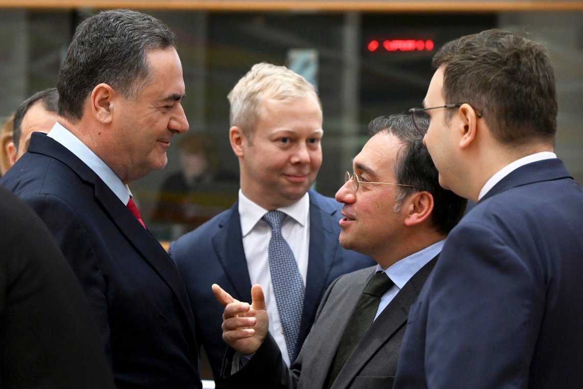 Spain's Foreign Minister Jose Manuel Albares Bueno, second right, speaks with Israel's Foreign Minister Israel Katz, second left, during a meeting of EU foreign ministers at the European Council building in Brussels, Monday, Jan. 22, 2024. European Union Foreign Affairs Ministers meet in Brussels on Monday to discuss the situation in the Middle East and in Ukraine. (John Thys, Pool Photo via AP) Spain's Foreign Minister Jose Manuel Albares Bueno, second right, speaks with Israel's Foreign Minister Israel Katz, second left, during a meeting of EU foreign ministers at the European Council building in Brussels, Monday, Jan. 22, 2024. European Union Foreign Affairs Ministers meet in Brussels on Monday to discuss the situation in the Middle East and in Ukraine. (John Thys, Pool Photo via AP)