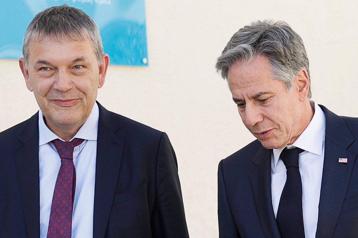U.S. Secretary of State Antony Blinken italks with UN Relief and Works Agency for Palestine Refugees in the Near East (UNRWA) Commissioner-General Philippe Lazzarini, during a day of meetings about the ongoing conflict between Israel and the Palestinian Islamist group Hamas, in Amman, Jordan, Saturday, Nov. 4, 2023. (Jonathan Ernst/Pool photo via AP) U.S. Secretary of State Antony Blinken italks with UN Relief and Works Agency for Palestine Refugees in the Near East (UNRWA) Commissioner-General Philippe Lazzarini, during a day of meetings about the ongoing conflict between Israel and the Palestinian Islamist group Hamas, in Amman, Jordan, Saturday, Nov. 4, 2023. (Jonathan Ernst/Pool photo via AP)