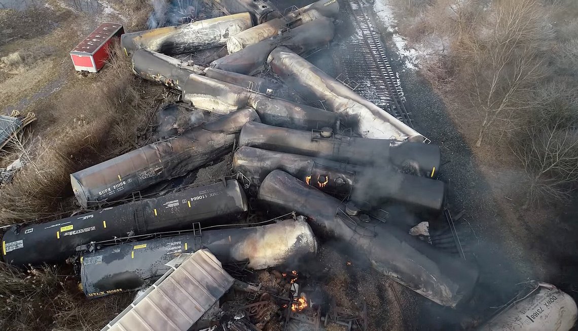 Drone footage shows the freight train derailment in East Palestine, Ohio, U.S., February 6, 2023 in this screengrab obtained from a handout video released by the NTSB. Photo: Wikimedia Commons. Taken on 6 February 2023, 20:53:07, by National Transportation Safety Board. Drone footage shows the freight train derailment in East Palestine, Ohio, U.S., February 6, 2023 in this screengrab obtained from a handout video released by the NTSB. Photo: Wikimedia Commons. Taken on 6 February 2023, 20:53:07, by National Transportation Safety Board.