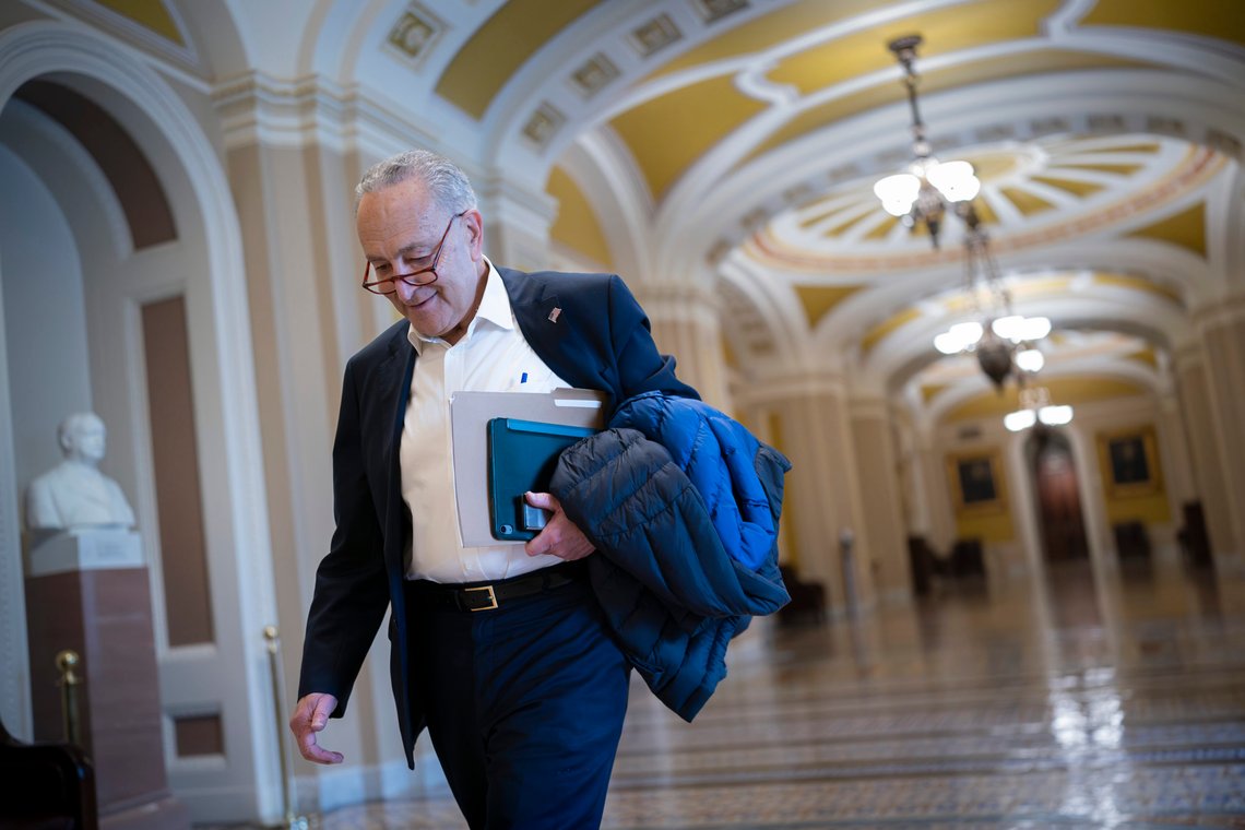 Senate Majority Leader Chuck Schumer, D-N.Y., arrives as the Senate prepares to take a procedural vote on an emergency spending package that would provide military aid to Ukraine and Israel, replenish U.S. weapons systems and provide food, water and other humanitarian aid to civilians in Gaza, at the Capitol in Washington, Sunday, Feb. 11, 2024. (AP Photo/J. Scott Applewhite) Senate Majority Leader Chuck Schumer, D-N.Y., arrives as the Senate prepares to take a procedural vote on an emergency spending package that would provide military aid to Ukraine and Israel, replenish U.S. weapons systems and provide food, water and other humanitarian aid to civilians in Gaza, at the Capitol in Washington, Sunday, Feb. 11, 2024. (AP Photo/J. Scott Applewhite)