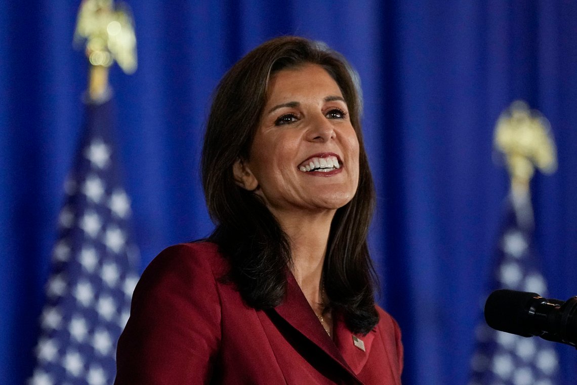 Republican presidential candidate former UN Ambassador Nikki Haley speaking at an election night event, Saturday, Feb. 24, 2024, in Charleston, S.C. (AP Photo/Chris Carlson) Republican presidential candidate former UN Ambassador Nikki Haley speaking at an election night event, Saturday, Feb. 24, 2024, in Charleston, S.C. (AP Photo/Chris Carlson)