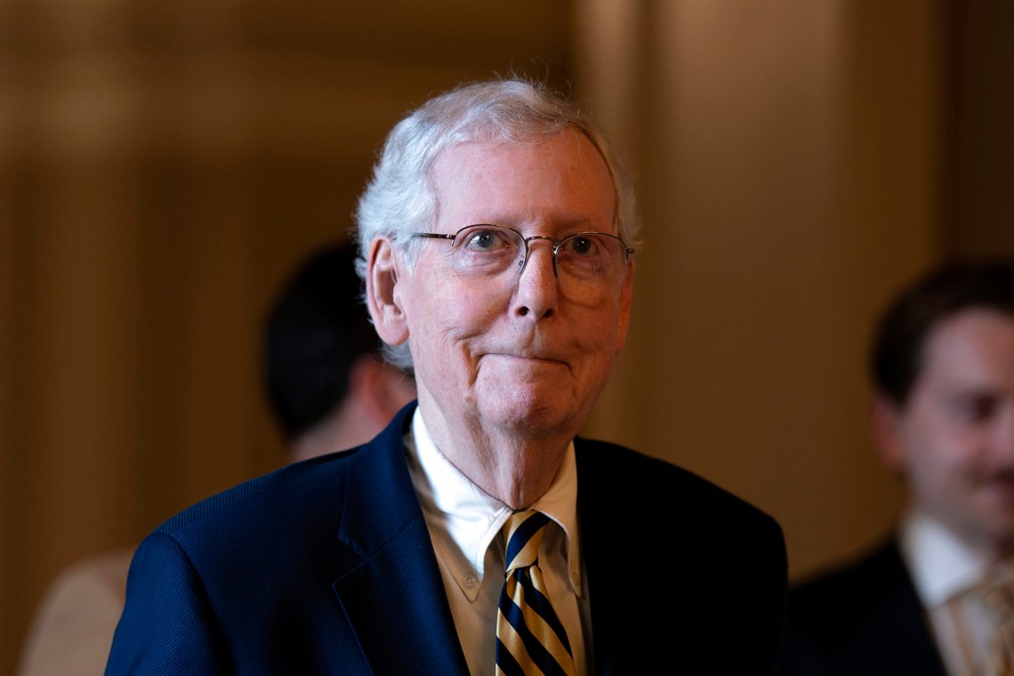 Senate Minority Leader Mitch McConnell, R-Ky., walks to the chamber after a bipartisan group of senators released a highly anticipated bill that pairs border enforcement policy with wartime aid for Ukraine and Israel, at the Capitol in Washington, Monday, Feb. 5, 2024. Senate Republicans have been divided on the bill, but McConnell is committed to the measure. (AP Photo/J. Scott Applewhite) Senate Minority Leader Mitch McConnell, R-Ky., walks to the chamber after a bipartisan group of senators released a highly anticipated bill that pairs border enforcement policy with wartime aid for Ukraine and Israel, at the Capitol in Washington, Monday, Feb. 5, 2024. Senate Republicans have been divided on the bill, but McConnell is committed to the measure. (AP Photo/J. Scott Applewhite)