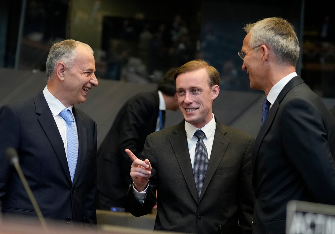 United States National Security Advisor Jake Sullivan, center, speaks with NATO Secretary General Jens Stoltenberg, right, and NATO Deputy Secretary General Mircea Geoana, left, during a meeting of National Security Advisors at NATO headquarters in Brussels, Thursday, Oct. 7, 2021. (AP Photo/Virginia Mayo, Pool) United States National Security Advisor Jake Sullivan, center, speaks with NATO Secretary General Jens Stoltenberg, right, and NATO Deputy Secretary General Mircea Geoana, left, during a meeting of National Security Advisors at NATO headquarters in Brussels, Thursday, Oct. 7, 2021. (AP Photo/Virginia Mayo, Pool)