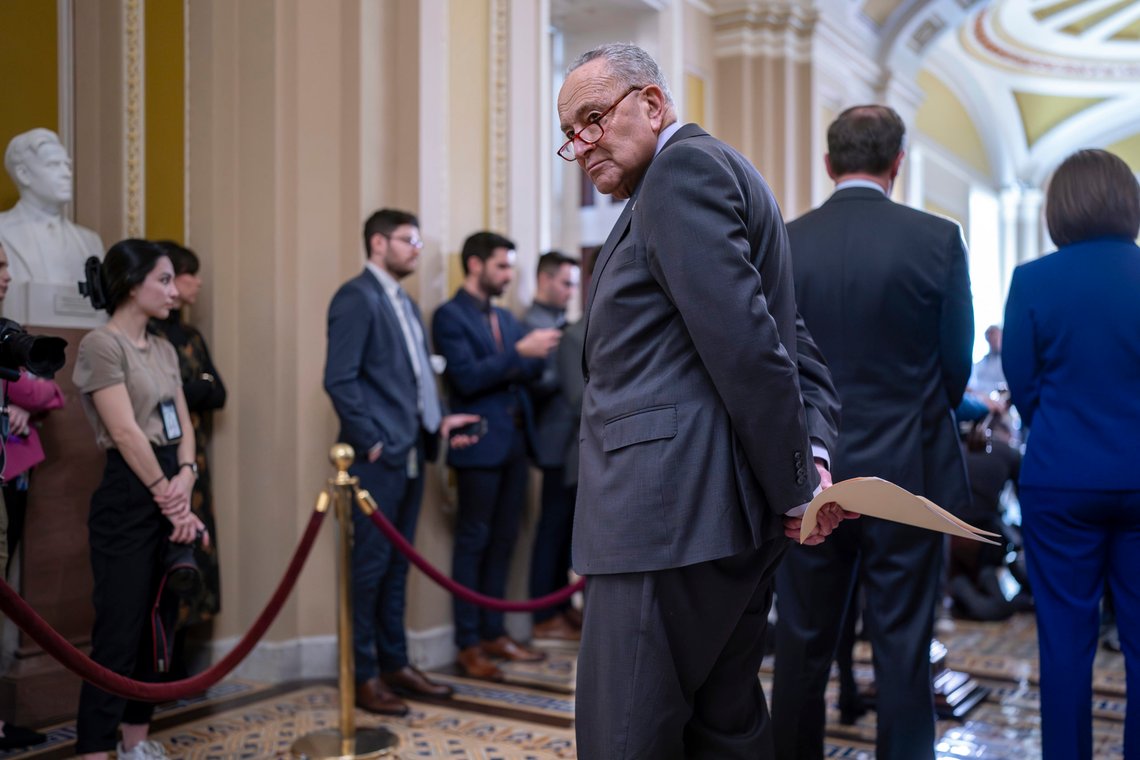 Senate Majority Leader Chuck Schumer, D-N.Y., pauses before speaking to reporters as the Senate deal on border enforcement measures and Ukraine aid is rapidly collapsing, at the Capitol in Washington, Tuesday, Feb. 6, 2024. (AP Photo/J. Scott Applewhite) Senate Majority Leader Chuck Schumer, D-N.Y., pauses before speaking to reporters as the Senate deal on border enforcement measures and Ukraine aid is rapidly collapsing, at the Capitol in Washington, Tuesday, Feb. 6, 2024. (AP Photo/J. Scott Applewhite)