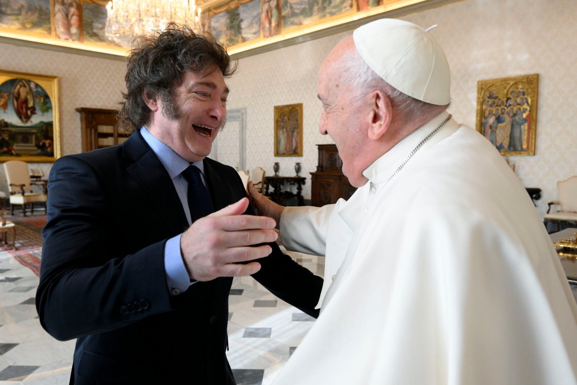 In this image distributed by Vatican Media, Argentine President Javier Milei, left, cheers at Pope Francis as they meet in the pontiff's studio at The Vatican for a private audience, Monday, Feb. 12, 2024. Milei, who will meet Italian President Sergio Mattarella and Italian Premier Giorgia Meloni later in the day, attended the canonization of the first Argentine female saint, María Antonia de Paz y Figueroa also known as "Mama Antula" in St. Peter's Basilica on Sunday. (Vatican Media via AP, HO) In this image distributed by Vatican Media, Argentine President Javier Milei, left, cheers at Pope Francis as they meet in the pontiff's studio at The Vatican for a private audience, Monday, Feb. 12, 2024. Milei, who will meet Italian President Sergio Mattarella and Italian Premier Giorgia Meloni later in the day, attended the canonization of the first Argentine female saint, María Antonia de Paz y Figueroa also known as "Mama Antula" in St. Peter's Basilica on Sunday. (Vatican Media via AP, HO)