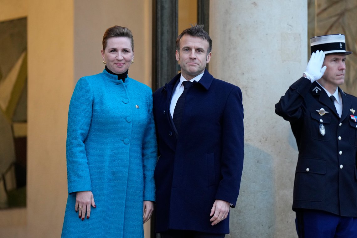 French President Emmanuel Macron, right, welcomes Danish Prime Minister Mette Frederiksen at the Elysee Palace in Paris, Monday, Feb. 26, 2024. More than 20 European heads of state and government and other Western officials are gathering in a show of unity for Ukraine, signaling to Russia that their support for Kyiv isn't wavering as the full-scale invasion grinds into a third year. (AP Photo/Lewis Joly) French President Emmanuel Macron, right, welcomes Danish Prime Minister Mette Frederiksen at the Elysee Palace in Paris, Monday, Feb. 26, 2024. More than 20 European heads of state and government and other Western officials are gathering in a show of unity for Ukraine, signaling to Russia that their support for Kyiv isn't wavering as the full-scale invasion grinds into a third year. (AP Photo/Lewis Joly)