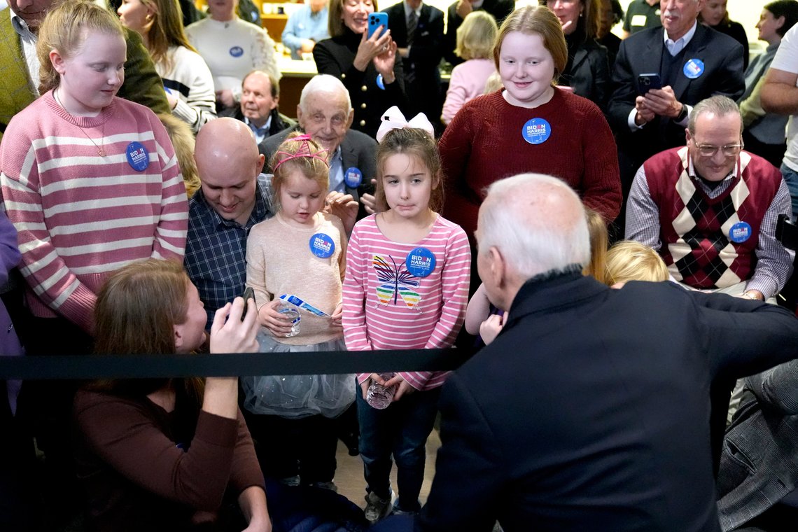 President Joe Biden, in foreground at right, meets with staff and volunteers at the Biden campaign headquarters in Wilmington, Del., Saturday, Feb. 3, 2024. (AP Photo/Alex Brandon) President Joe Biden, in foreground at right, meets with staff and volunteers at the Biden campaign headquarters in Wilmington, Del., Saturday, Feb. 3, 2024. (AP Photo/Alex Brandon)