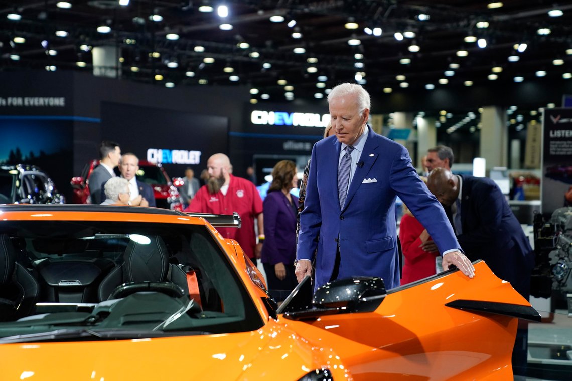 President Joe Biden gets into a Corvette during a tour of the Detroit Auto Show, Wednesday, Sept. 14, 2022, in Detroit. (AP Photo/Evan Vucci) President Joe Biden gets into a Corvette during a tour of the Detroit Auto Show, Wednesday, Sept. 14, 2022, in Detroit. (AP Photo/Evan Vucci)