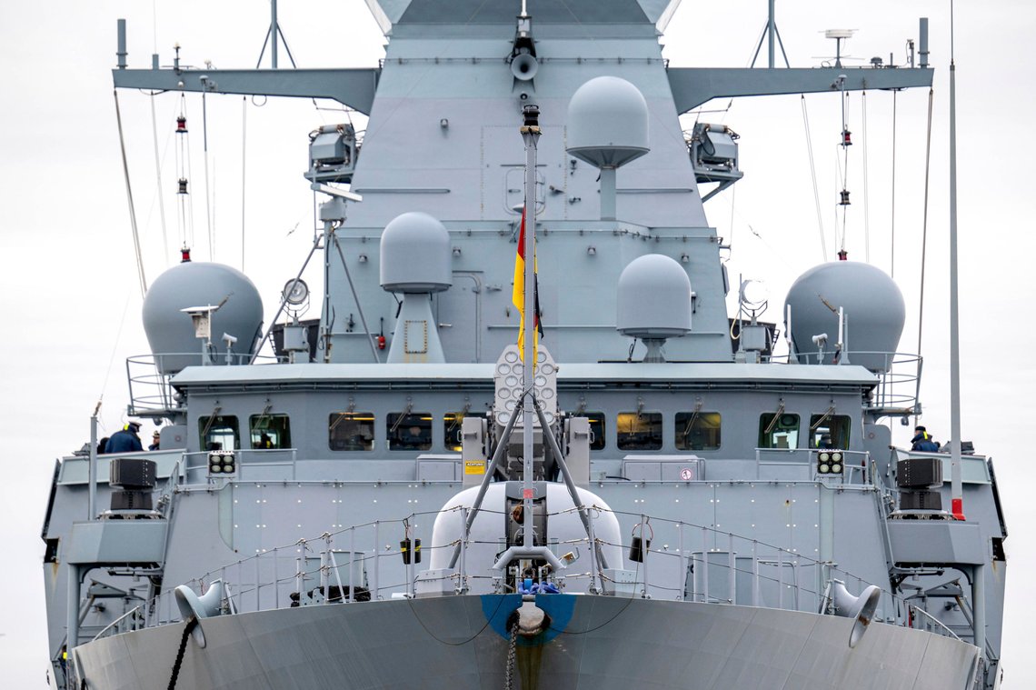 A view of the frigate "Hessen" in the harbour, in Wilhelmshaven, Germany, Thursday, Feb. 8, 2024, prior to departing for the Red Sea. A German Navy frigate set sail on Thursday toward the Red Sea, where Berlin plans to have it take part in a European Union mission to help defend cargo ships against attacks by Houthi rebels in Yemen that are hampering trade. (Sina Schuldt/dpa via AP) A view of the frigate "Hessen" in the harbour, in Wilhelmshaven, Germany, Thursday, Feb. 8, 2024, prior to departing for the Red Sea. A German Navy frigate set sail on Thursday toward the Red Sea, where Berlin plans to have it take part in a European Union mission to help defend cargo ships against attacks by Houthi rebels in Yemen that are hampering trade. (Sina Schuldt/dpa via AP)