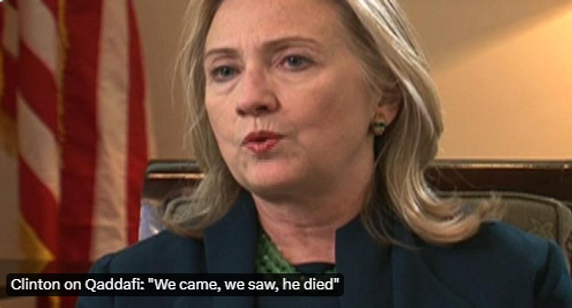 Clinton on Qaddafi: We came, we saw, he died. Foto: Skjermbilde, CBS News, YouTube. Clinton on Qaddafi: We came, we saw, he died. Foto: Skjermbilde, CBS News, YouTube.