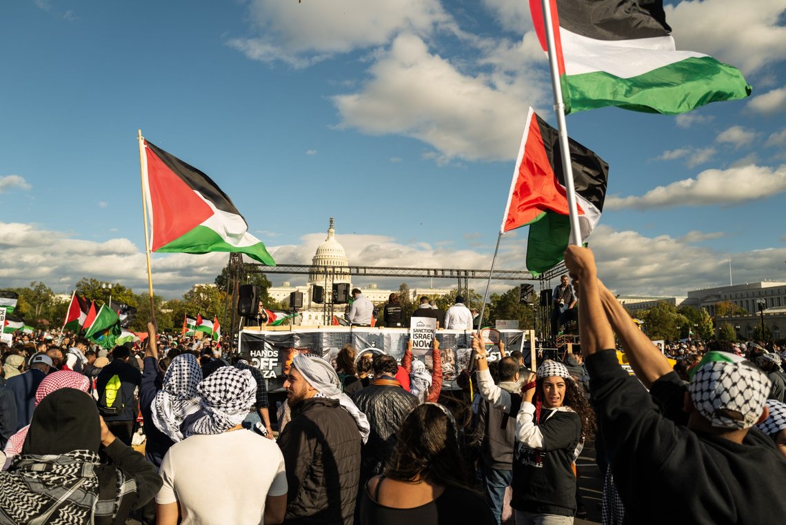 Washington DC, USA - October 21, 2023: Pro-Palestine, anti-Israel protesters. Israel and Hamas in the Gaza Strip. War between Israel and Palestine. Stop Genocide Sign at Palestine Protest. Photo: Shutterstock by Volodymyr Tverdokhlib, United States. Washington DC, USA - October 21, 2023: Pro-Palestine, anti-Israel protesters. Israel and Hamas in the Gaza Strip. War between Israel and Palestine. Stop Genocide Sign at Palestine Protest. Photo: Shutterstock by Volodymyr Tverdokhlib, United States.