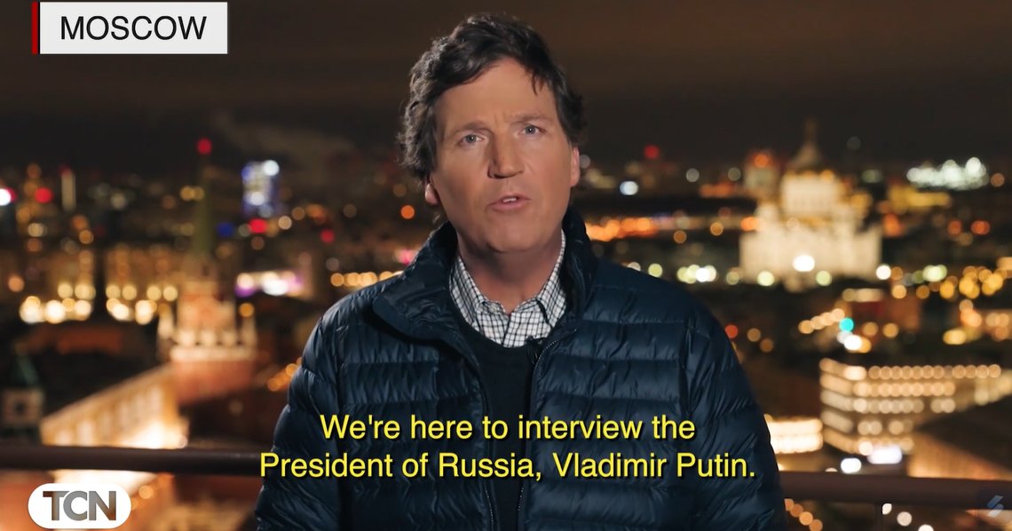 Tucker Carlson er i Moskva for å intervjue Putin. Dette skaper reaksjoner. Stillbilde video/ T. Carlson Tucker Carlson er i Moskva for å intervjue Putin. Dette skaper reaksjoner. Stillbilde video/ T. Carlson