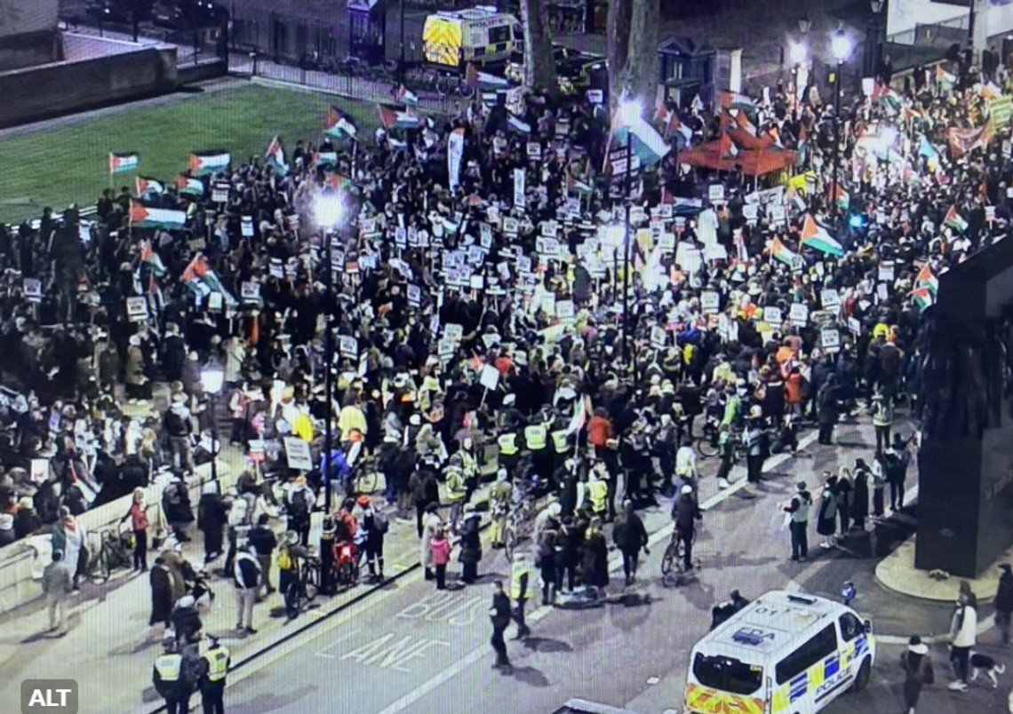 Palestina-tilhengere demonstrerer i nærheten av Downing Street 12. februar. Skjermdump X/ Met Police Palestina-tilhengere demonstrerer i nærheten av Downing Street 12. februar. Skjermdump X/ Met Police
