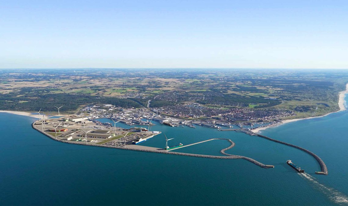 Slik ser planene for utvidelse av havnen og hydrogenproduksjon og -distribusjon i Hirtshals ut. (Foto: Port of Hirtshals) Hirtshals havn