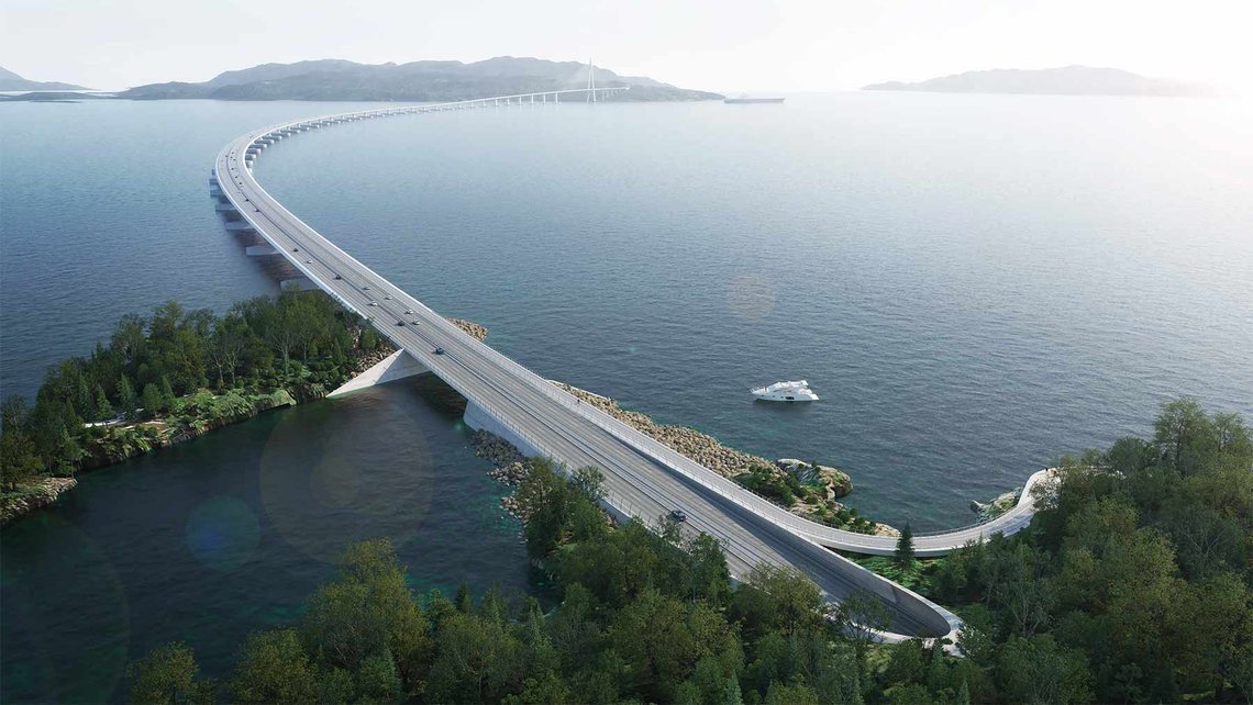 Inngangen til det som vil bli verdens lengste flytebro over Bjørnafjorden i Vestland, gjennom en tunnel fra nord. (Foto: AMC Dissing og Weitling for Statens Vegvesen) Hordfast illustrasjon