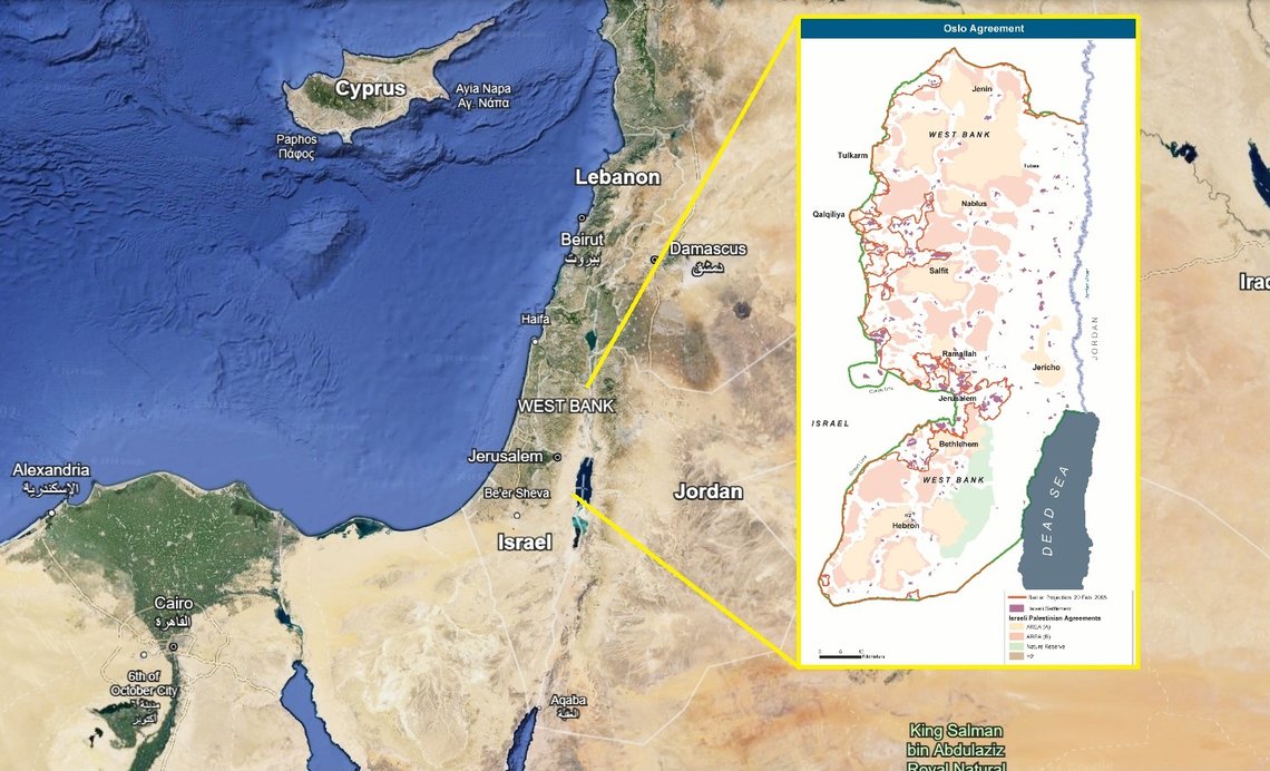 Satelittbilde av Israel og omliggende områder, skjermdump fra Google Earth. Med kart over områder på Vestbredden, basert på kart fra FN, hentet fra Wikimedia Commons. Satelittbilde av Israel og omliggende områder, skjermdump fra Google Earth. Med kart over områder på Vestbredden, basert på kart fra FN, hentet fra Wikimedia Commons.
