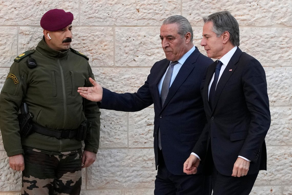 PLO Secretary General Hussein al-Sheikh, centre, welcomes U.S. Secretary of State Antony Blinken before his meeting with Palestinian President Mahmoud Abbas in the West Bank town of Ramallah, Wednesday, Feb. 7, 2024. (AP Photo/Mark Schiefelbein, Pool) PLO Secretary General Hussein al-Sheikh, centre, welcomes U.S. Secretary of State Antony Blinken before his meeting with Palestinian President Mahmoud Abbas in the West Bank town of Ramallah, Wednesday, Feb. 7, 2024. (AP Photo/Mark Schiefelbein, Pool)