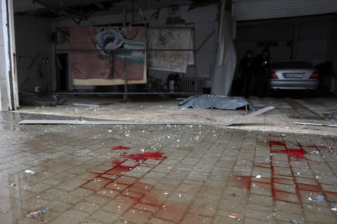 Blood and debris on the floor after a Russian attack in Odesa, Ukraine, Friday March 15, 2024. A Russian missile strike on Odesa in southern Ukraine on Friday killed at least 14 people and injured 46 others, local officials said. A first missile struck houses and when emergency crews arrived at the scene a second missile landed, authorities said. (AP Photo/Victor Sajenko) Blood and debris on the floor after a Russian attack in Odesa, Ukraine, Friday March 15, 2024. A Russian missile strike on Odesa in southern Ukraine on Friday killed at least 14 people and injured 46 others, local officials said. A first missile struck houses and when emergency crews arrived at the scene a second missile landed, authorities said. (AP Photo/Victor Sajenko)