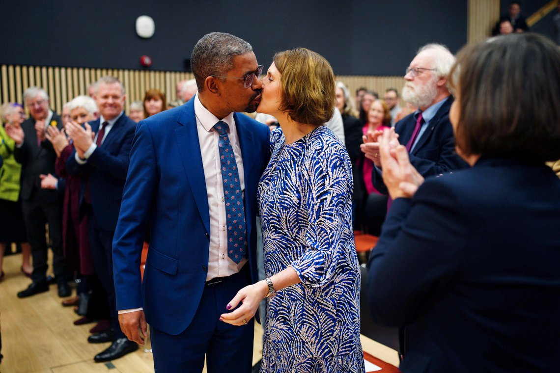 Vaughan Gething is congratulated by his wife Michelle, in a lecture hall, at Cardiff University, after being elected as the next Welsh Labour leader and First Minister of Wales, in Cardiff, Saturday, March 16, 2024. Gething has won the Welsh Labour Party leadership contest and is set to become the first Black leader of Wales’ semi-autonomous government. Gething, who is currently Welsh economy minister, beat Education Minister Jeremy Miles in a race to replace First Minister Mark Drakeford. (Ben Birchall/PA via AP) Vaughan Gething is congratulated by his wife Michelle, in a lecture hall, at Cardiff University, after being elected as the next Welsh Labour leader and First Minister of Wales, in Cardiff, Saturday, March 16, 2024. Gething has won the Welsh Labour Party leadership contest and is set to become the first Black leader of Wales’ semi-autonomous government. Gething, who is currently Welsh economy minister, beat Education Minister Jeremy Miles in a race to replace First Minister Mark Drakeford. (Ben Birchall/PA via AP)