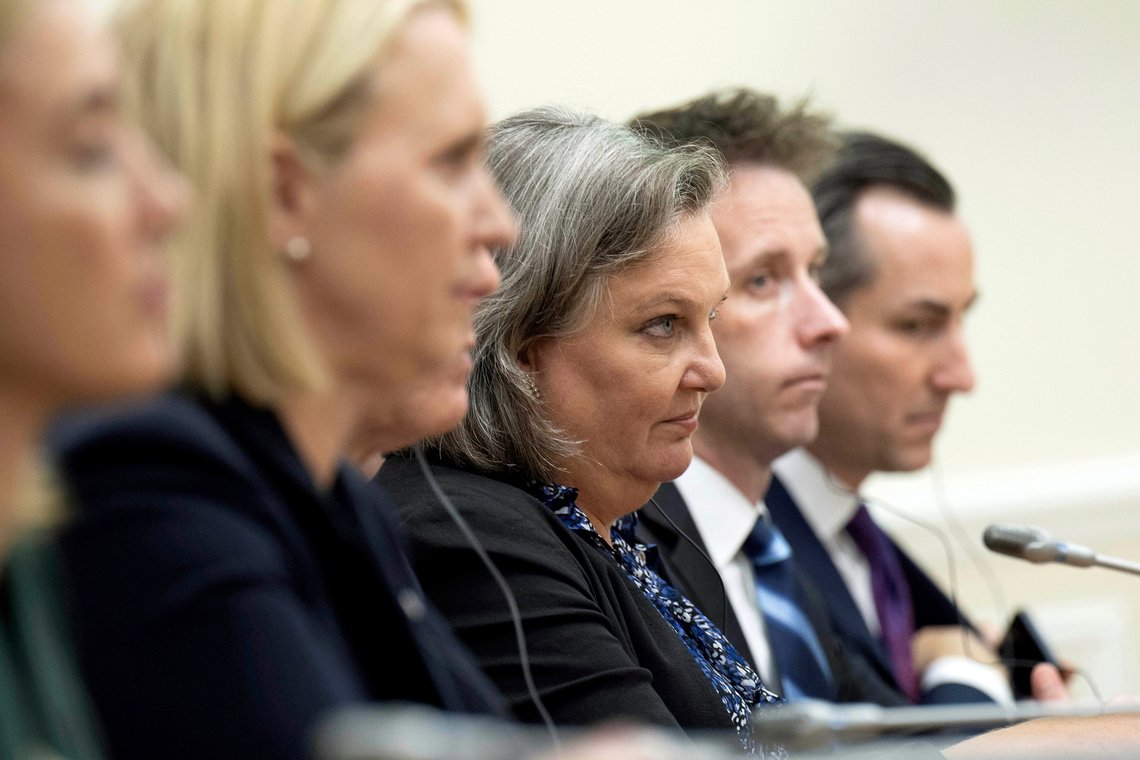 US Acting Deputy Secretary of State Victoria Nuland, center, listens during a meeting between US Secretary of State Antony Blinken and Ukraine's Prime Minister Denys Shmyhal at the Prime Minister's Office in Kyiv, Ukraine, Wednesday, Sept. 6, 2023. Blinken arrived in Kyiv on an unannounced visit Wednesday, hours after Russia launched its first missile attack in a week against the Ukrainian capital. (Brendan Smialowski/Pool Photo via AP) US Acting Deputy Secretary of State Victoria Nuland, center, listens during a meeting between US Secretary of State Antony Blinken and Ukraine's Prime Minister Denys Shmyhal at the Prime Minister's Office in Kyiv, Ukraine, Wednesday, Sept. 6, 2023. Blinken arrived in Kyiv on an unannounced visit Wednesday, hours after Russia launched its first missile attack in a week against the Ukrainian capital. (Brendan Smialowski/Pool Photo via AP)