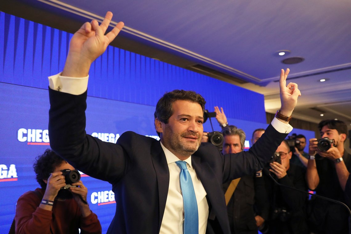 Andre Ventura, leader of populist right wing party Chega, gestures to supporters before addressing them following the announcement of results for Portugal's general election in Lisbon, Monday, March 11, 2024. (AP Photo/Joao Henriques) Andre Ventura, leader of populist right wing party Chega, gestures to supporters before addressing them following the announcement of results for Portugal's general election in Lisbon, Monday, March 11, 2024. (AP Photo/Joao Henriques)