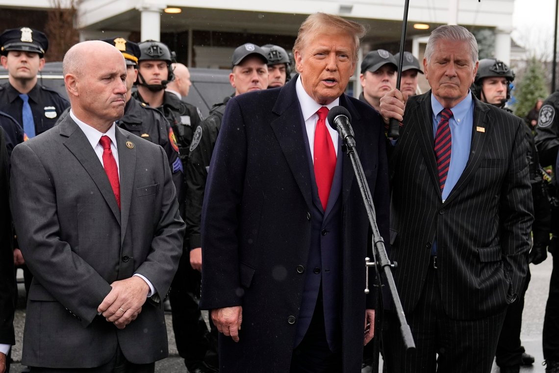 Former President Donald Trump speaks during a news conference after attending the wake of New York City police officer Jonathan Diller, Thursday, March 28, 2024, in Massapequa Park, N.Y. Diller was shot and killed Monday during a traffic stop, the city's mayor said. It marked the first slaying of an NYPD officer in two years. (AP Photo/Frank Franklin II) Former President Donald Trump speaks during a news conference after attending the wake of New York City police officer Jonathan Diller, Thursday, March 28, 2024, in Massapequa Park, N.Y. Diller was shot and killed Monday during a traffic stop, the city's mayor said. It marked the first slaying of an NYPD officer in two years. (AP Photo/Frank Franklin II)