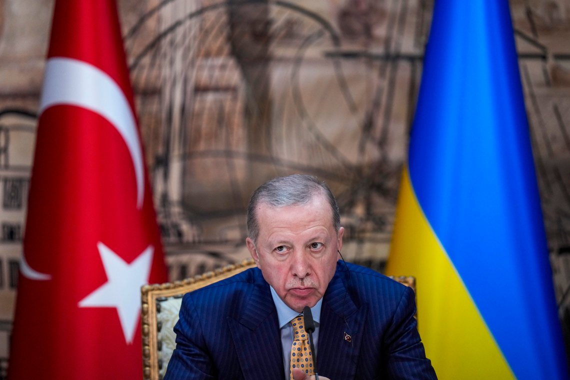 Turkish President Recep Tayyip Erdogan listens to a question during a joint news conference with Ukrainian President Volodymyr Zelenskyy following their meeting at Dolmabahce palace in Istanbul, Turkey, Friday, March 8, 2024. (AP Photo/Francisco Seco) Turkish President Recep Tayyip Erdogan listens to a question during a joint news conference with Ukrainian President Volodymyr Zelenskyy following their meeting at Dolmabahce palace in Istanbul, Turkey, Friday, March 8, 2024. (AP Photo/Francisco Seco)