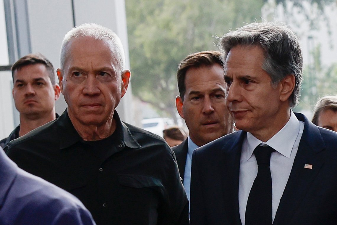 CORRECTS ID TO YOAV GALLANT U.S. Secretary of State Antony Blinken and Israeli Defense Minister Yoav Gallant, left, walk as they meet during Blinken's week-long trip aimed at calming tensions across the Middle East, at the Kirya, in Tel Aviv, Israel, Tuesday, Jan. 9, 2024. (Evelyn Hockstein/Pool Photo via AP) CORRECTS ID TO YOAV GALLANT U.S. Secretary of State Antony Blinken and Israeli Defense Minister Yoav Gallant, left, walk as they meet during Blinken's week-long trip aimed at calming tensions across the Middle East, at the Kirya, in Tel Aviv, Israel, Tuesday, Jan. 9, 2024. (Evelyn Hockstein/Pool Photo via AP)