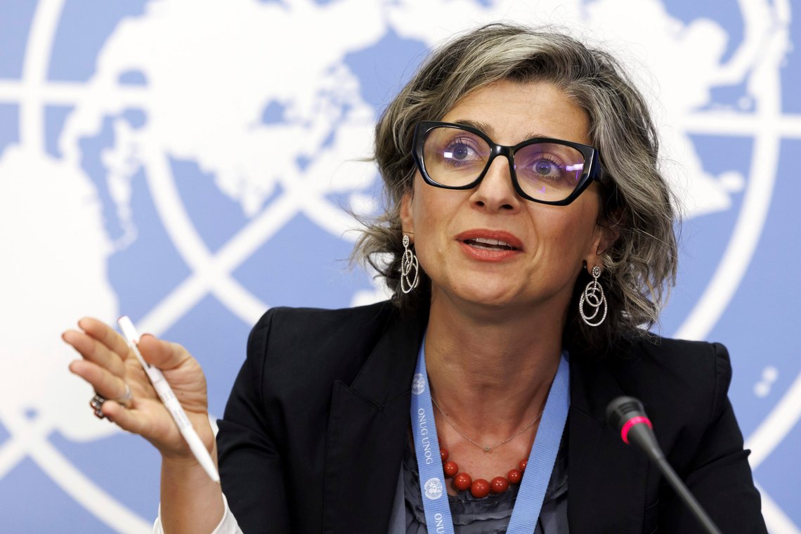 Francesca Albanese, Special Rapporteur on the situation of human rights in the Palestinian territories occupied since 1967, talks to the media after presenting her report at the 53rd session of the Human Rights Council, during a press conference at the European headquarters of the United Nations in Geneva, Switzerland, Tuesday, July 11, 2023. (Salvatore Di Nolfi/Keystone via AP) Francesca Albanese, Special Rapporteur on the situation of human rights in the Palestinian territories occupied since 1967, talks to the media after presenting her report at the 53rd session of the Human Rights Council, during a press conference at the European headquarters of the United Nations in Geneva, Switzerland, Tuesday, July 11, 2023. (Salvatore Di Nolfi/Keystone via AP)