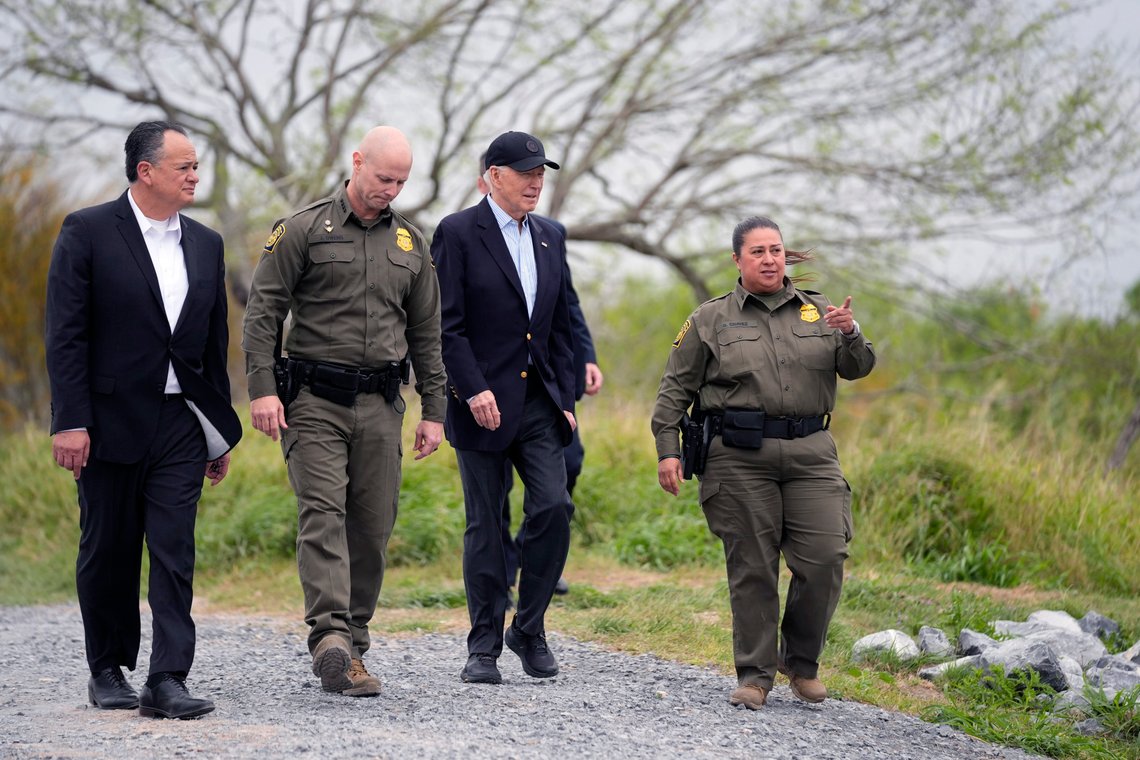 President Joe Biden, second from the right, looks over the southern border, Thursday, Feb. 29, 2024, in Brownsville, Texas. Walking with Biden are from l-r., Peter Flores, Deputy Commissioner, U.S. Customs and Border Protection, Jason Owens, Chief, U.S. Border Patrol and Gloria Chavez, Sector Chief, U.S. Border Patrol.
(AP Photo/Evan Vucci) President Joe Biden, second from the right, looks over the southern border, Thursday, Feb. 29, 2024, in Brownsville, Texas. Walking with Biden are from l-r., Peter Flores, Deputy Commissioner, U.S. Customs and Border Protection, Jason Owens, Chief, U.S. Border Patrol and Gloria Chavez, Sector Chief, U.S. Border Patrol.
(AP Photo/Evan Vucci)