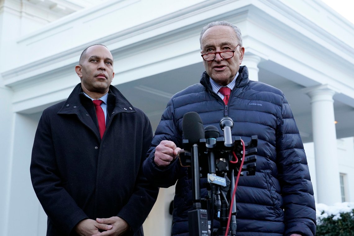FILE - Senate Majority Leader Chuck Schumer of N.Y., right, and House Minority Leader Hakeem Jeffries of N.Y., talk to reporters outside the West Wing of the White House in Washington, Jan. 17, 2024, following a meeting with President Joe Biden. Biden is convening the top four congressional leaders at the White House on Feb. 27 to discuss the emergency aid package for Ukraine and Israel, as well as avoiding a government shutdown next month. (AP Photo/Susan Walsh, File) FILE - Senate Majority Leader Chuck Schumer of N.Y., right, and House Minority Leader Hakeem Jeffries of N.Y., talk to reporters outside the West Wing of the White House in Washington, Jan. 17, 2024, following a meeting with President Joe Biden. Biden is convening the top four congressional leaders at the White House on Feb. 27 to discuss the emergency aid package for Ukraine and Israel, as well as avoiding a government shutdown next month. (AP Photo/Susan Walsh, File)