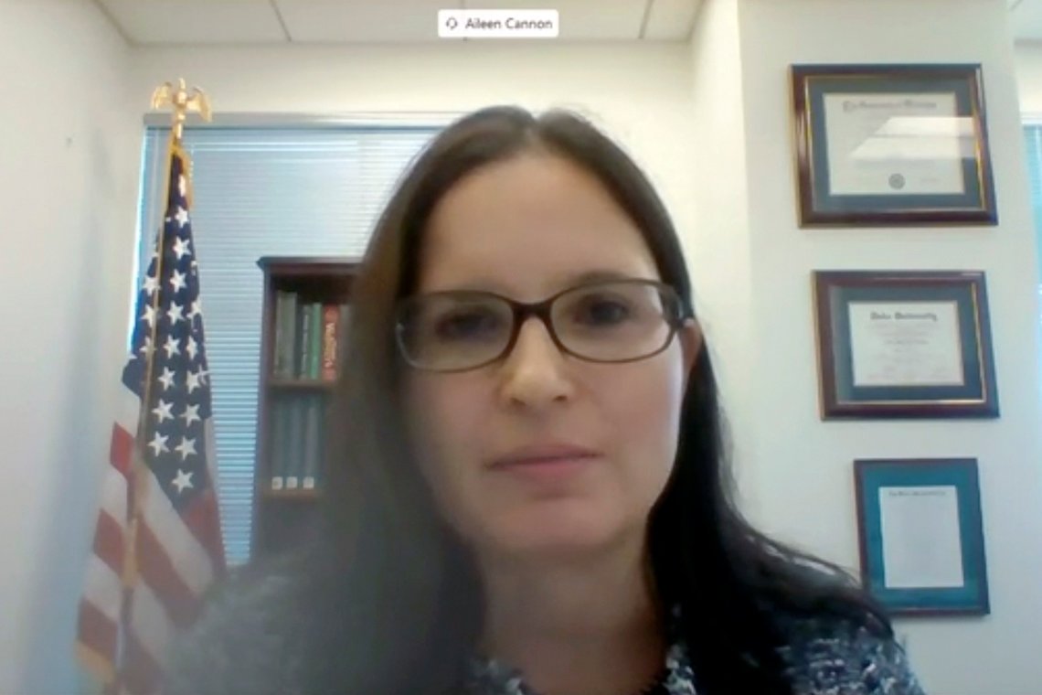 FILE - In this image from video provided by the U.S. Senate, Aileen M. Cannon speaks remotely during a Senate Judiciary Committee oversight nomination hearing to be U.S. District Court for the Southern District of Florida on July 29, 2020, in Washington. The federal judge overseeing the Florida classified documents case against Donald Trump is holding a hearing about a potential conflict of interest involving a co-defendant's lawyer. (U.S. Senate via AP) FILE - In this image from video provided by the U.S. Senate, Aileen M. Cannon speaks remotely during a Senate Judiciary Committee oversight nomination hearing to be U.S. District Court for the Southern District of Florida on July 29, 2020, in Washington. The federal judge overseeing the Florida classified documents case against Donald Trump is holding a hearing about a potential conflict of interest involving a co-defendant's lawyer. (U.S. Senate via AP)