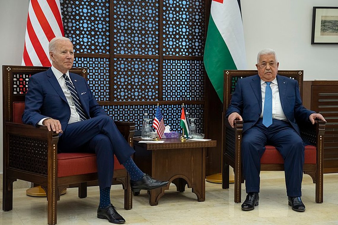 President Joe Biden participates in a bilateral meeting with Palestinian Authority President Mahmoud Abbas, Friday, July 15, 2022, at the Palestinian Presidential Palace in Bethlehem. (Official White House Photo by Adam Schultz). Photo: Wikimedia Commons. President Joe Biden participates in a bilateral meeting with Palestinian Authority President Mahmoud Abbas, Friday, July 15, 2022, at the Palestinian Presidential Palace in Bethlehem. (Official White House Photo by Adam Schultz). Photo: Wikimedia Commons.