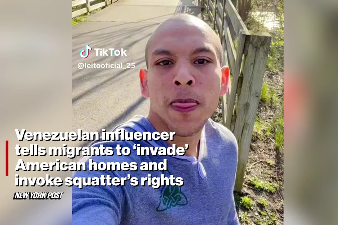 «Migrant influenser» med 500 000 følgere på TikTok gir sine kamerater tips om hvordan de kan «invadere» ubebodde hjem og påberope seg husokkupantens rettigheter i USA. Foto: Skjermbilde New York Post via YouTube. «Migrant influenser» med 500 000 følgere på TikTok gir sine kamerater tips om hvordan de kan «invadere» ubebodde hjem og påberope seg husokkupantens rettigheter i USA. Foto: Skjermbilde New York Post via YouTube.