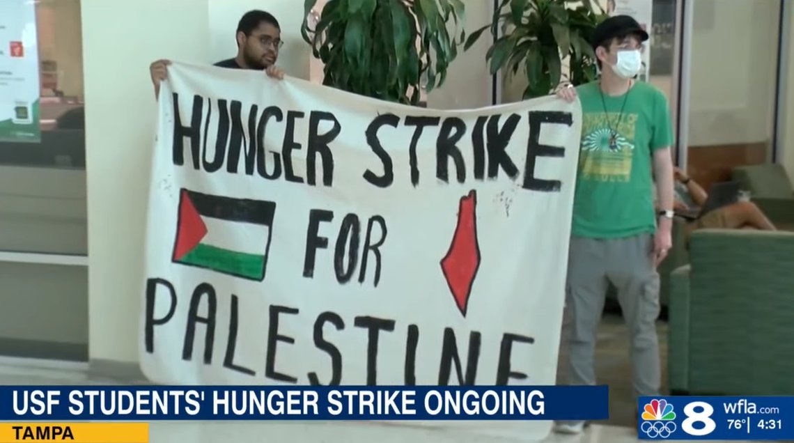 Foto: Skjermbilde, WFLA Channel 8 via YoutTube. USF students continue hunger strike, university remains unmoved. Foto: Skjermbilde, WFLA Channel 8 via YoutTube. USF students continue hunger strike, university remains unmoved.