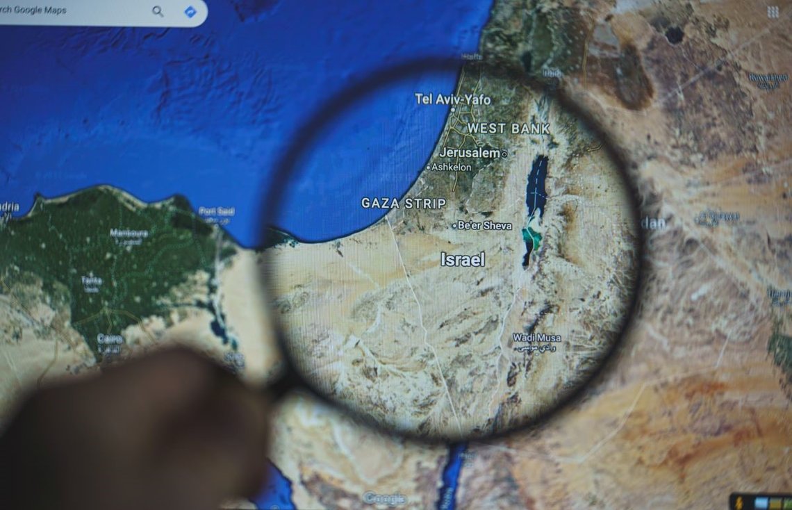 Tel Aviv, Israel - 2023 October 8: Gaza strip, Palestine and Israel on google maps. Photo: Shutterstock by Rokas Tenys, Lithuania. Tel Aviv, Israel - 2023 October 8: Gaza strip, Palestine and Israel on google maps. Photo: Shutterstock by Rokas Tenys, Lithuania.
