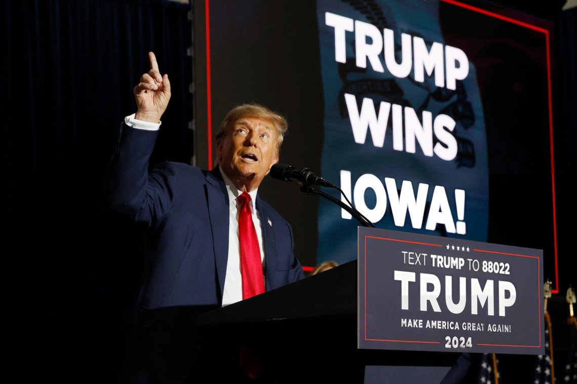 Former President Donald Trump speaks at his caucus night event at the Iowa Events Center on January 15, 2024 in Des Moines, Iowa. Photo: Shutterstock by Muhammad Aamir Sumsum. Former President Donald Trump speaks at his caucus night event at the Iowa Events Center on January 15, 2024 in Des Moines, Iowa. Photo: Shutterstock by Muhammad Aamir Sumsum.