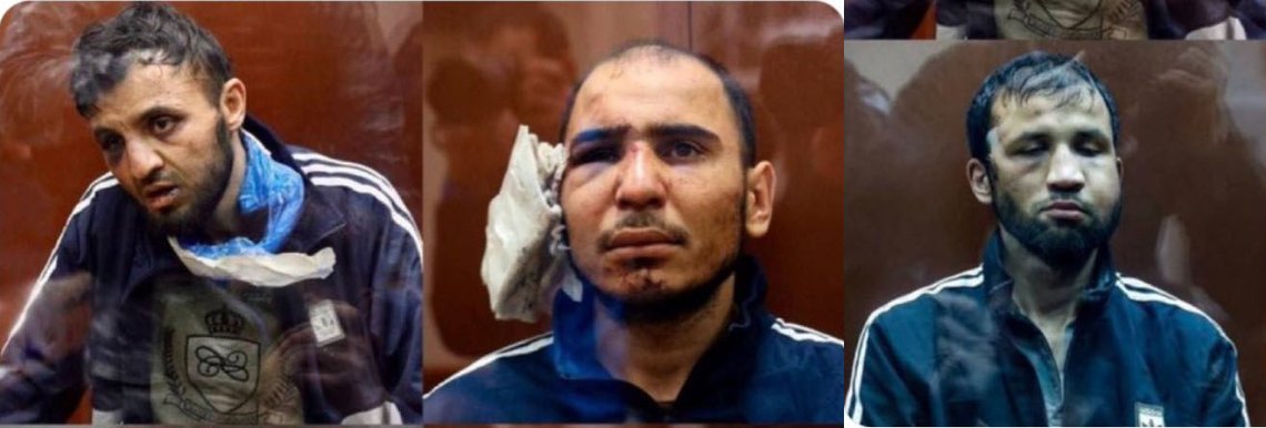 Tre av de fire ISIS-K-terroristene efter møte med russiske soldter. Foto fra Twitter Tre av de fire ISIS-K-terroristene efter møte med russiske soldter. Foto fra Twitter