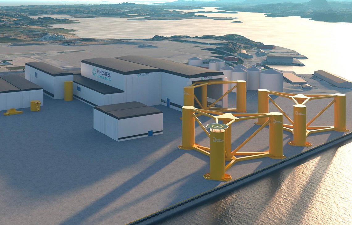 Slik tenker Windsteel Technologies at en fremtidig fabrikk for masseproduksjon av flytende fundamenter til havvind kan se ut. (Illustrasjon: Windsteel Technologies AS) Planlagt fabrikkområde fra Windsteel Technologies.