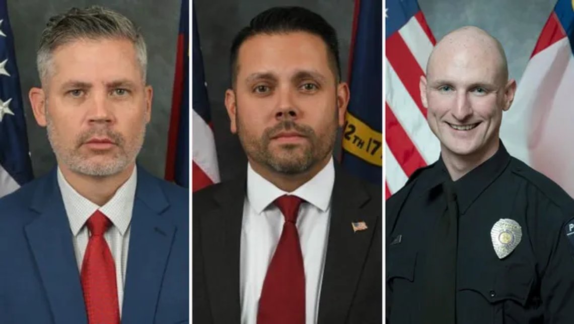 Fra venstre William Elliott, Samuel Poloche og Joshua Eyer. Alle tre mennene var blant de fire betjentene som ble drept mandag under en hendelse som brøt ut da betjentene forsøkte å utføre en arrestordre i et hus i Charlotte, North Carolina, opplyser myndighetene. Kilde: Charlotte-Mecklenburg Police Department. Fra venstre William Elliott, Samuel Poloche og Joshua Eyer. Alle tre mennene var blant de fire betjentene som ble drept mandag under en hendelse som brøt ut da betjentene forsøkte å utføre en arrestordre i et hus i Charlotte, North Carolina, opplyser myndighetene. Kilde: Charlotte-Mecklenburg Police Department.