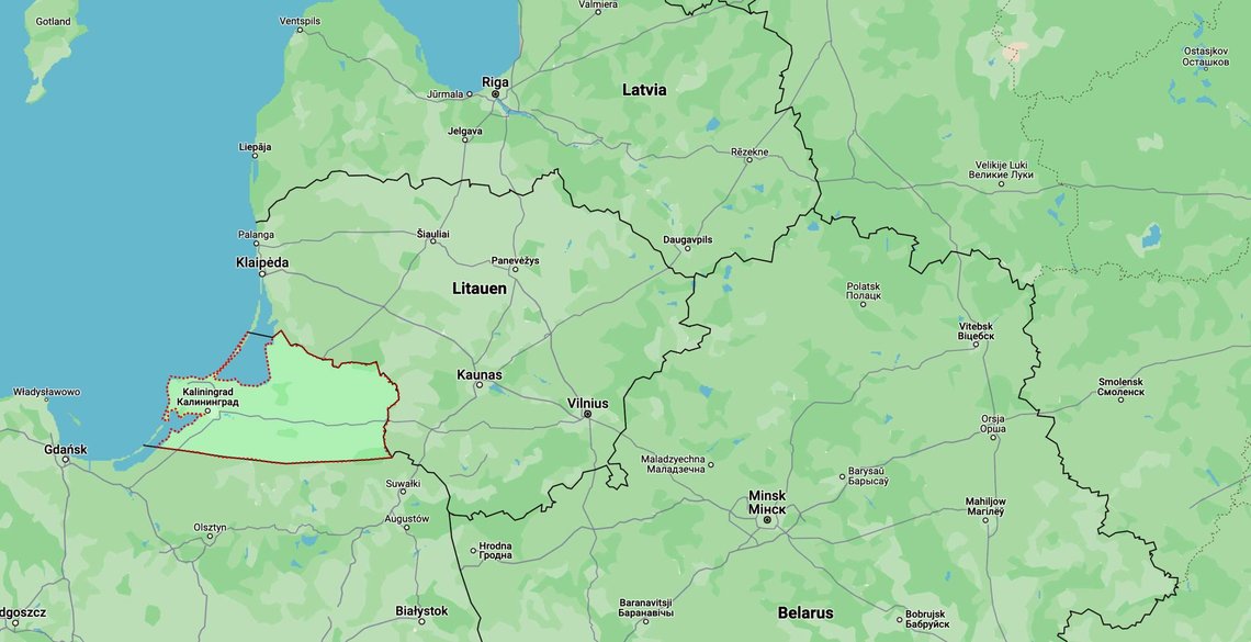 Kaliningrad Oblast, en russisk semi-eksklave vises markert på kartet mellom Litauen og Polen. (Utsnitt fra Google Maps.) Litauen og Kaliningrad Oblast