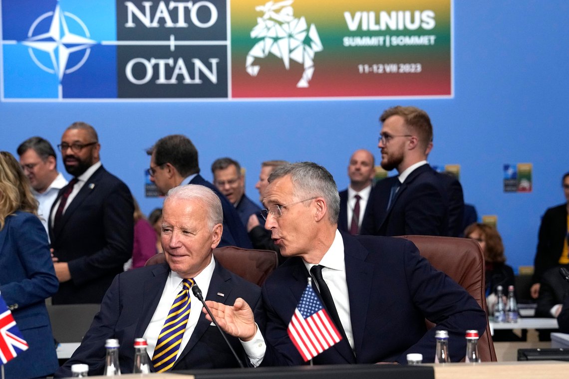 FILE - NATO Secretary General Jens Stoltenberg, right, speaks with United States President Joe Biden during a meeting of the NATO-Ukraine Council during a NATO summit in Vilnius, Lithuania, July 12, 2023. The Pentagon confirms that a senior Defense Department official who attended last years’ NATO summit in Lithuania had symptoms similar to those reported by U.S. officials who have experienced “Havana syndrome." (AP Photo/Pavel Golovkin, File) FILE - NATO Secretary General Jens Stoltenberg, right, speaks with United States President Joe Biden during a meeting of the NATO-Ukraine Council during a NATO summit in Vilnius, Lithuania, July 12, 2023. The Pentagon confirms that a senior Defense Department official who attended last years’ NATO summit in Lithuania had symptoms similar to those reported by U.S. officials who have experienced “Havana syndrome." (AP Photo/Pavel Golovkin, File)