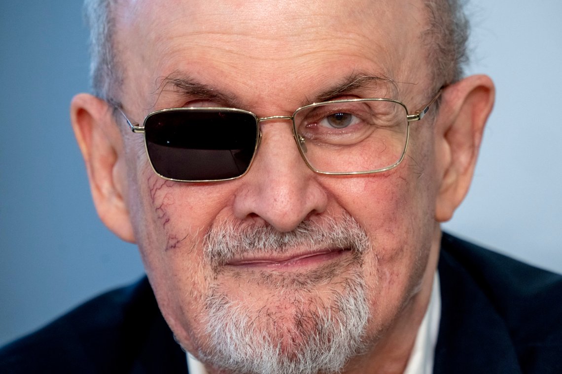 Author Salman Rushdie waits for the beginning of a press conference at the Book Fair in Frankfurt, Germany, Friday, Oct. 20, 2023. Rushdie is awarded this year's peace prize of the German book trade. (AP Photo/Michael Probst) Author Salman Rushdie waits for the beginning of a press conference at the Book Fair in Frankfurt, Germany, Friday, Oct. 20, 2023. Rushdie is awarded this year's peace prize of the German book trade. (AP Photo/Michael Probst)