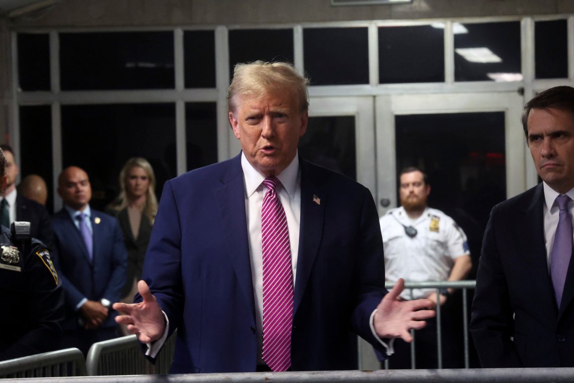 Former President Donald Trump speaks with the media following proceedings in his trial, Friday, April 19, 2024, at Manhattan Criminal Court in New York. (Spencer Platt/Pool Photo via AP) Former President Donald Trump speaks with the media following proceedings in his trial, Friday, April 19, 2024, at Manhattan Criminal Court in New York. (Spencer Platt/Pool Photo via AP)