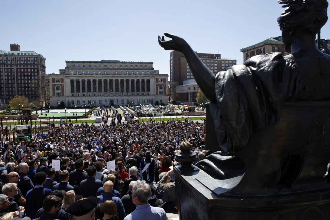 Columbia University professors speak in solidarity with their students rights to protest free from arrest at the Columbia University campus in New York on Monday April 22, 2024. U.S. colleges and universities are preparing for end-of-year commencement ceremonies with a unique challenge: providing safety for graduates while honoring the free speech rights of students involved in protests over the Israel-Hamas war. (AP Photo/Stefan Jeremiah) Columbia University professors speak in solidarity with their students rights to protest free from arrest at the Columbia University campus in New York on Monday April 22, 2024. U.S. colleges and universities are preparing for end-of-year commencement ceremonies with a unique challenge: providing safety for graduates while honoring the free speech rights of students involved in protests over the Israel-Hamas war. (AP Photo/Stefan Jeremiah)
