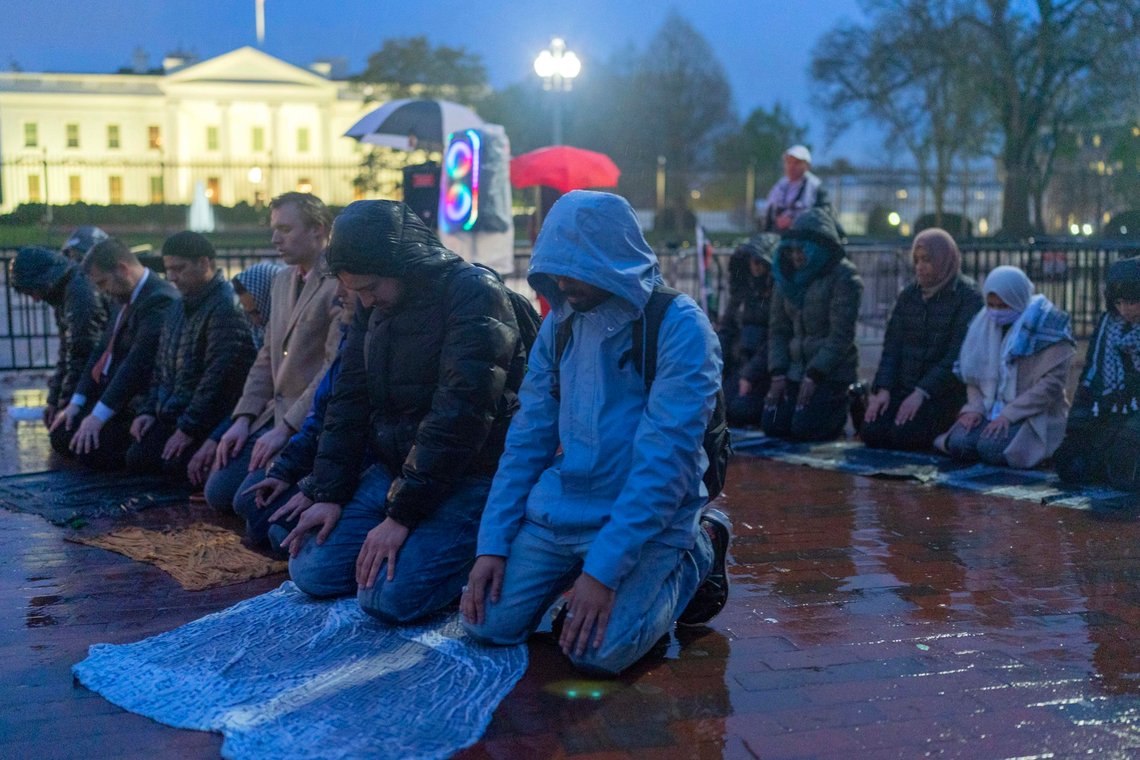 Protesters pray during a demonstration in support of Palestinians, Tuesday, April 2, 2024, at Lafayette Park across from the White House in Washington,. (AP Photo/Jose Luis Magana) Protesters pray during a demonstration in support of Palestinians, Tuesday, April 2, 2024, at Lafayette Park across from the White House in Washington,. (AP Photo/Jose Luis Magana)